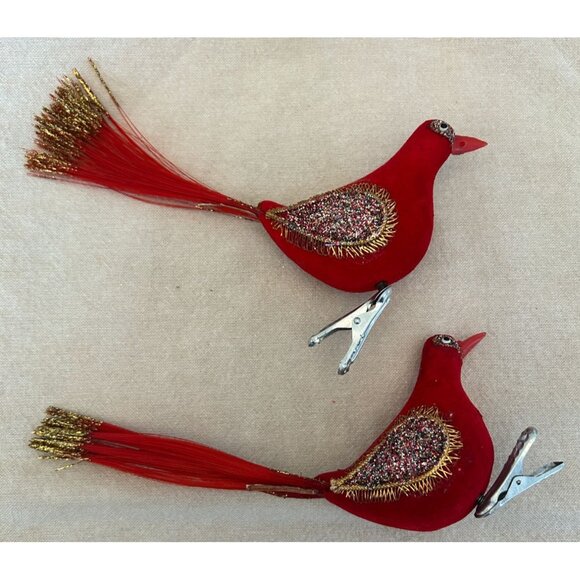 Vintage Red Cardinal Bird Clip On Christmas Ornaments Glitter Accents Long Tails - Picture 4 of 4